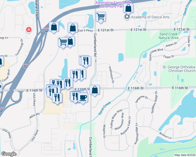 map of restaurants, bars, coffee shops, grocery stores, and more near 9802 Taos Drive in Fishers