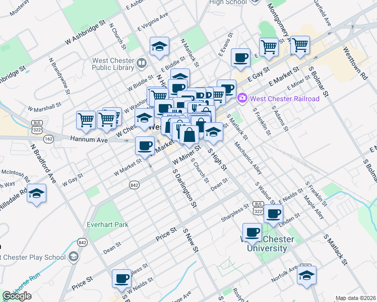 map of restaurants, bars, coffee shops, grocery stores, and more near 27 South Church Street in West Chester