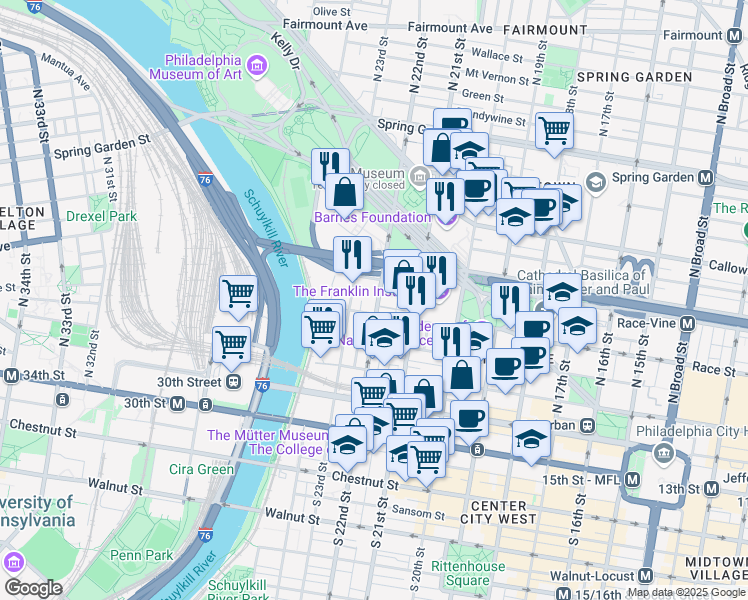 map of restaurants, bars, coffee shops, grocery stores, and more near 214 North 22nd Street in Philadelphia