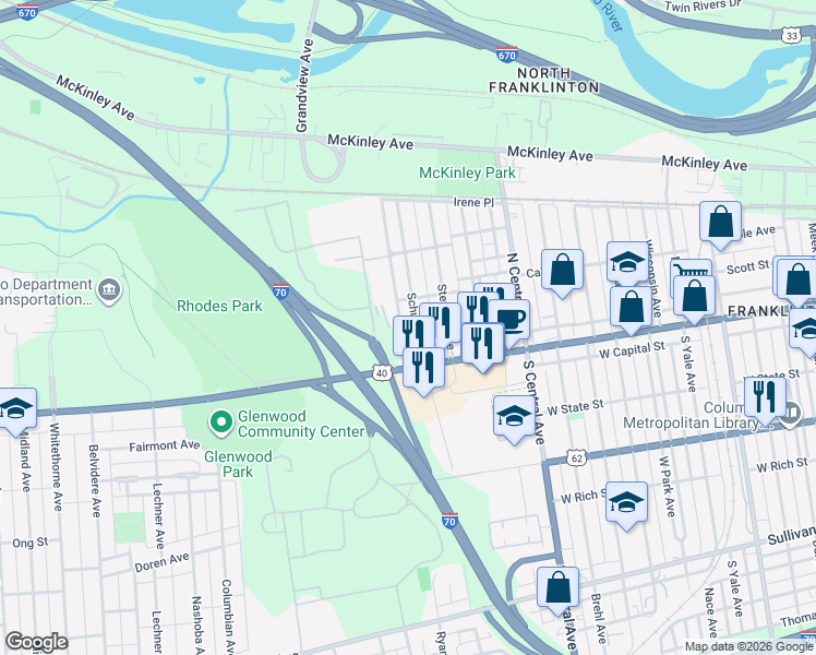 map of restaurants, bars, coffee shops, grocery stores, and more near 59 Schultz Avenue in Columbus