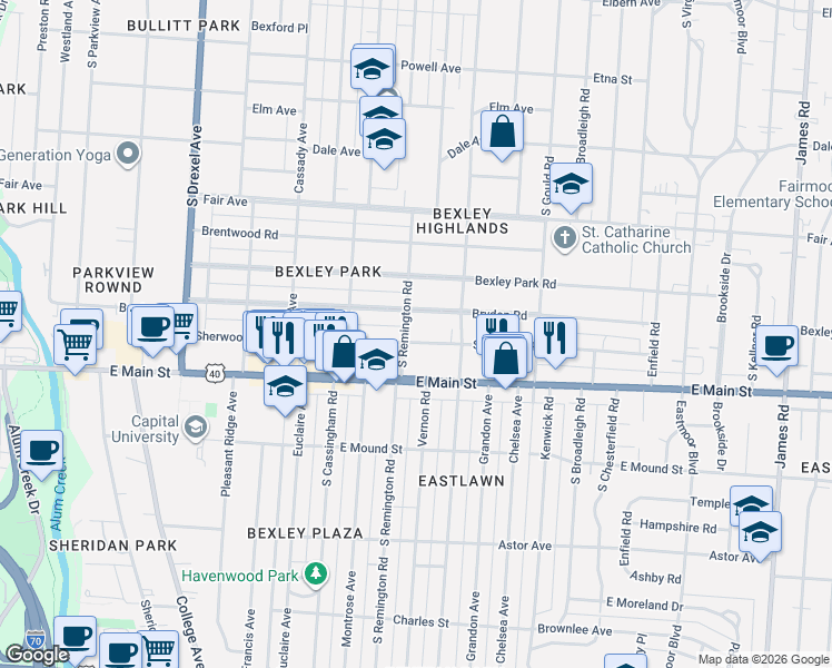 map of restaurants, bars, coffee shops, grocery stores, and more near 2610 Sherwood Road in Columbus