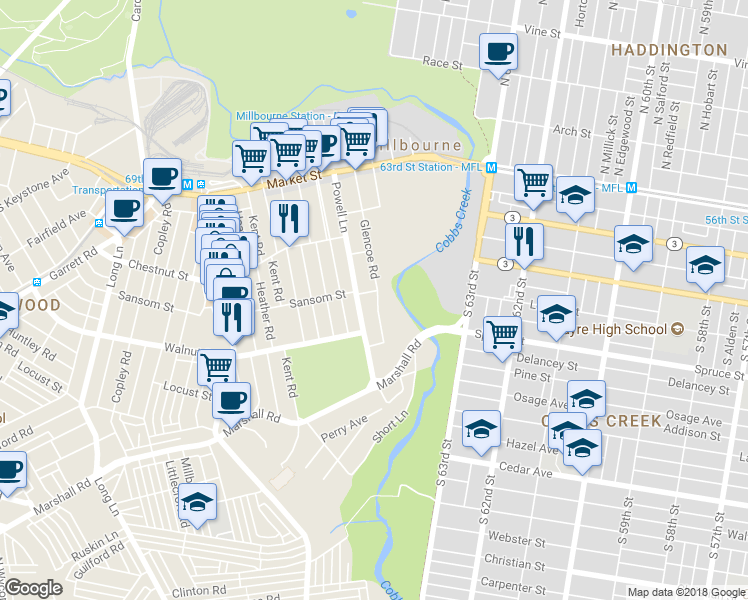 map of restaurants, bars, coffee shops, grocery stores, and more near 178 Glencoe Road in Upper Darby