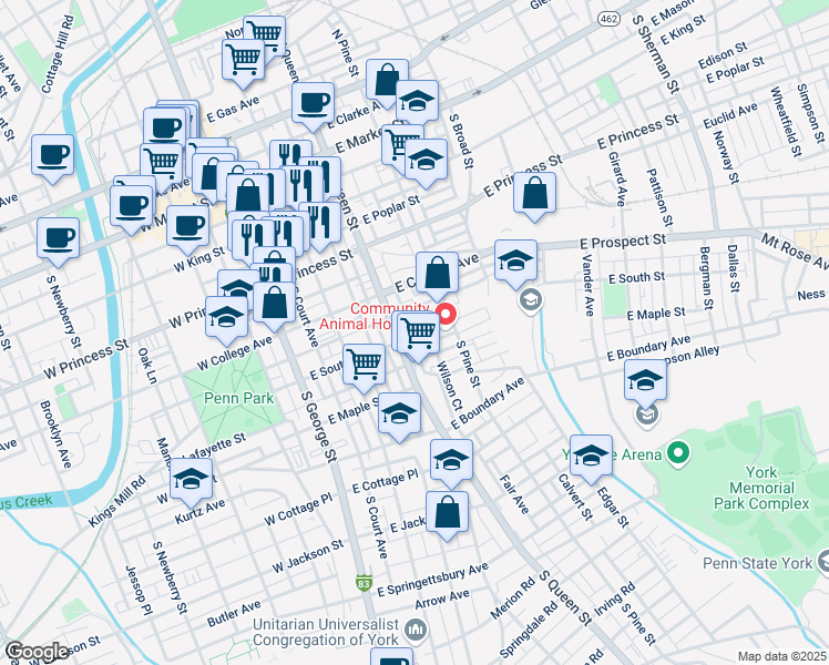 map of restaurants, bars, coffee shops, grocery stores, and more near 219 East South Street in York