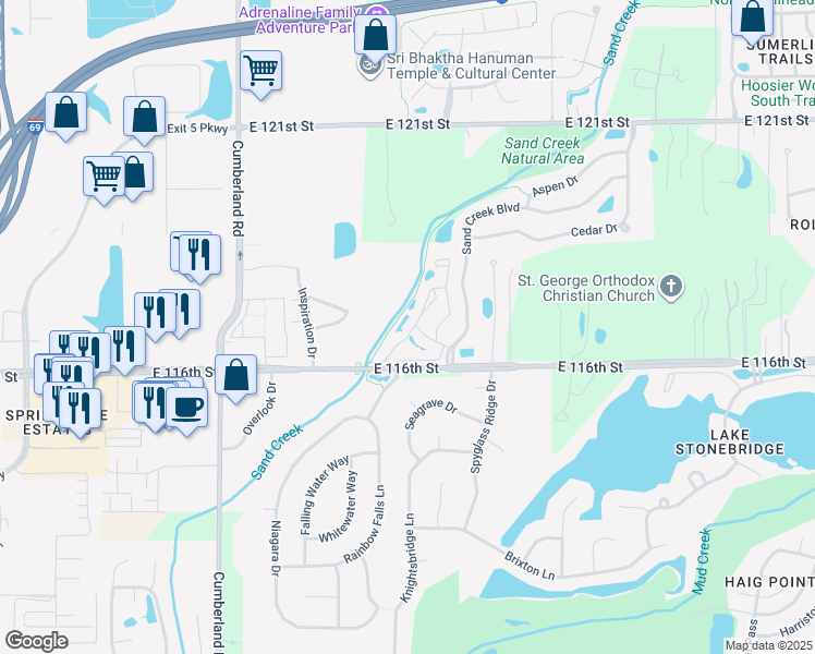 map of restaurants, bars, coffee shops, grocery stores, and more near 148 Boardwalk Lane in Fishers