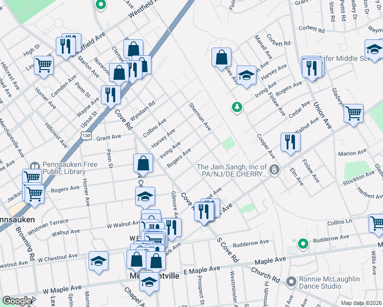 map of restaurants, bars, coffee shops, grocery stores, and more near 6742 Rogers Avenue in Pennsauken Township
