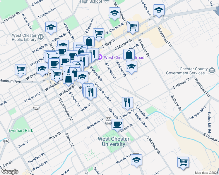 map of restaurants, bars, coffee shops, grocery stores, and more near 313 South Matlack Street in West Chester