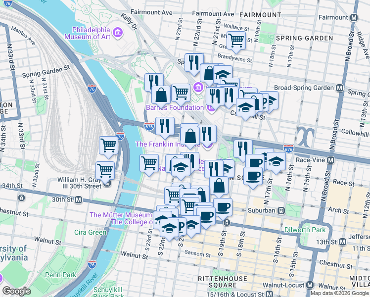 map of restaurants, bars, coffee shops, grocery stores, and more near 2144 Spring Street in Philadelphia