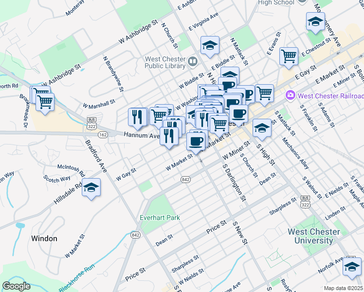 map of restaurants, bars, coffee shops, grocery stores, and more near 318 West Gay Street in West Chester