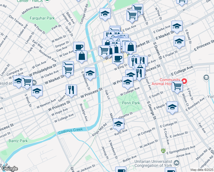 map of restaurants, bars, coffee shops, grocery stores, and more near 217 West Princess Street in York