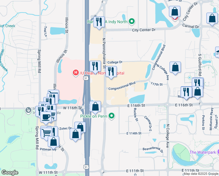 map of restaurants, bars, coffee shops, grocery stores, and more near 146 Congressional Boulevard in Carmel