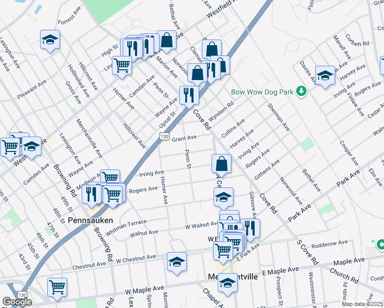 map of restaurants, bars, coffee shops, grocery stores, and more near 6305 Harvey Avenue in Pennsauken Township