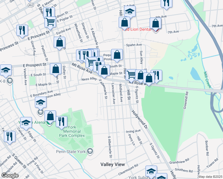 map of restaurants, bars, coffee shops, grocery stores, and more near 722 Lancaster Avenue in York