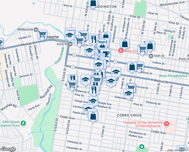 map of restaurants, bars, coffee shops, grocery stores, and more near 226 South Edgewood Street in Philadelphia