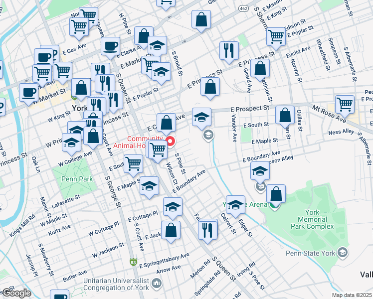 map of restaurants, bars, coffee shops, grocery stores, and more near 323 Harding Court in York