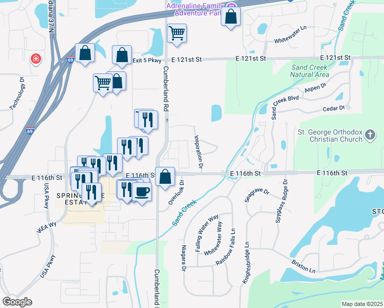 map of restaurants, bars, coffee shops, grocery stores, and more near 9879 Brielle Court in Fishers