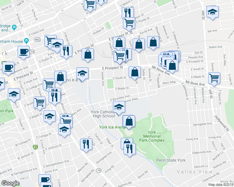 map of restaurants, bars, coffee shops, grocery stores, and more near 719 Girard Avenue in York