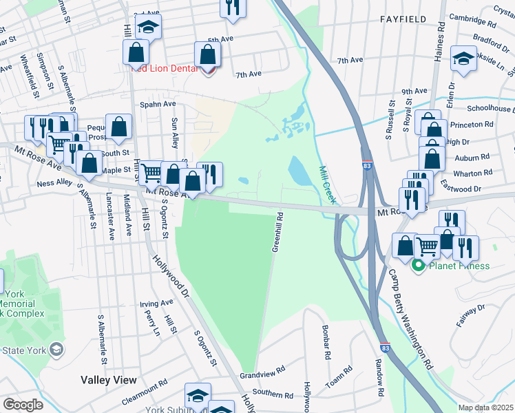 map of restaurants, bars, coffee shops, grocery stores, and more near 1642 Mount Rose Avenue in York