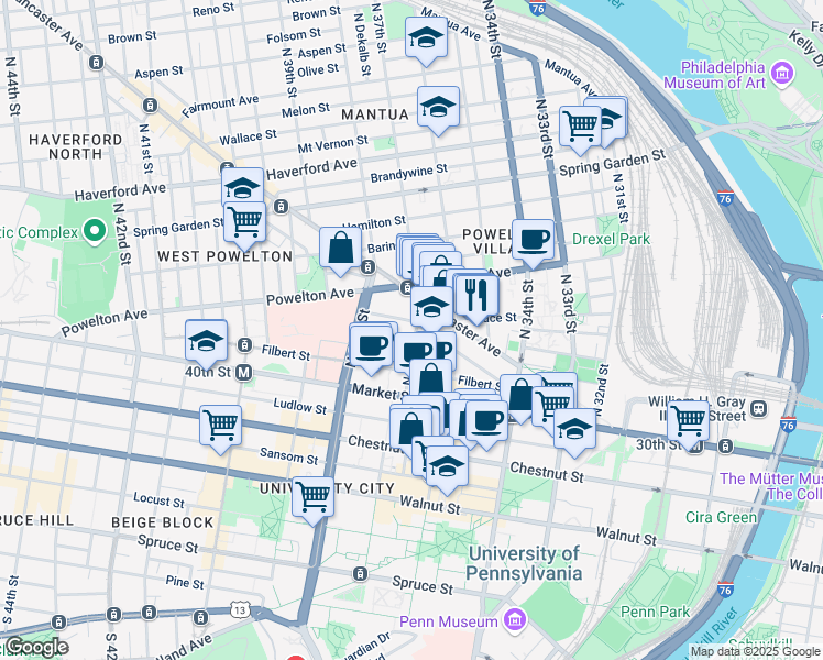 map of restaurants, bars, coffee shops, grocery stores, and more near 3758 Warren Street in Philadelphia