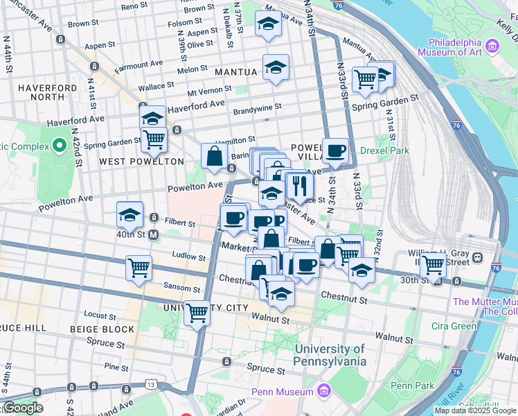 map of restaurants, bars, coffee shops, grocery stores, and more near in Philadelphia