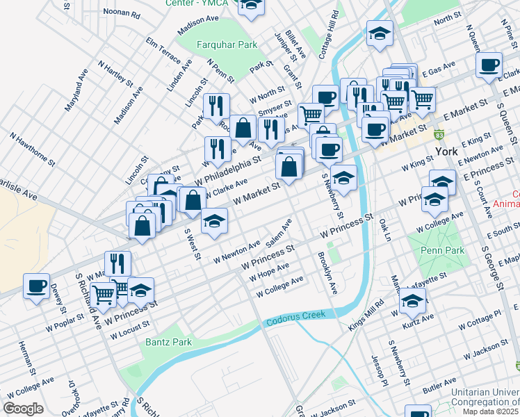 map of restaurants, bars, coffee shops, grocery stores, and more near 446 West Mason Avenue in York