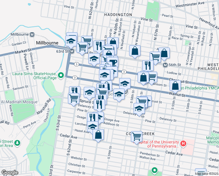 map of restaurants, bars, coffee shops, grocery stores, and more near 221 South 60th Street in Philadelphia