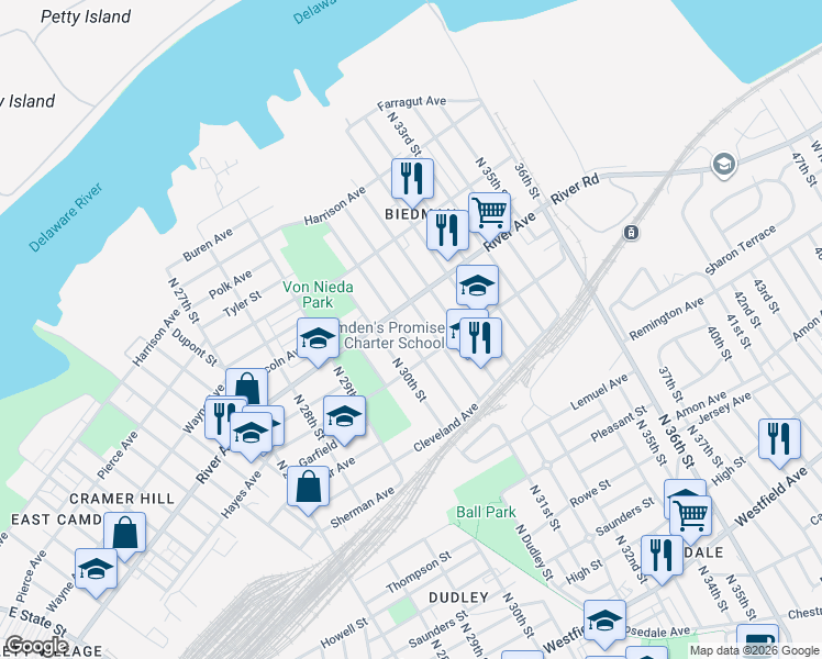 map of restaurants, bars, coffee shops, grocery stores, and more near 3050 River Avenue in Camden