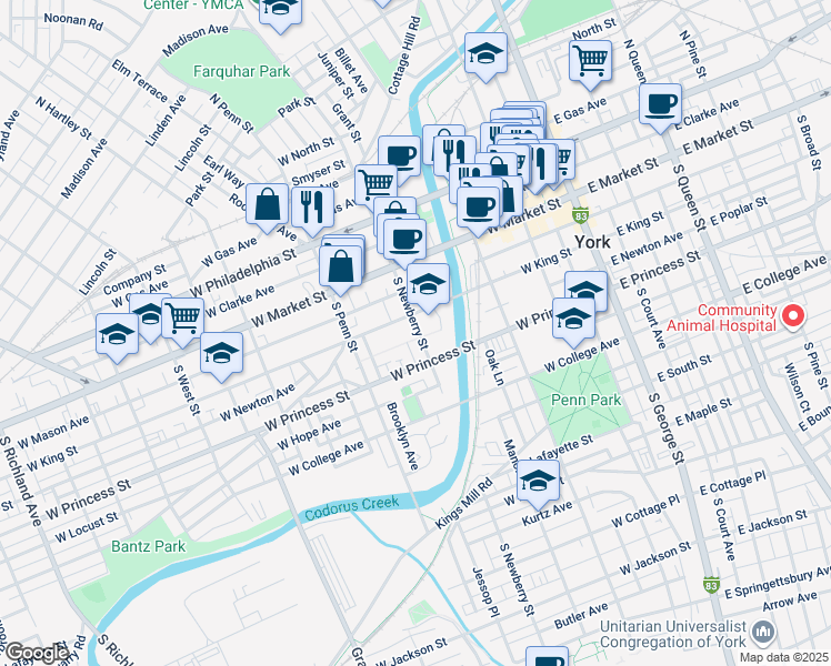 map of restaurants, bars, coffee shops, grocery stores, and more near 120 South Newberry Street in York