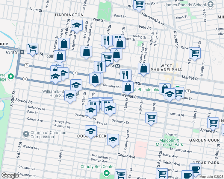 map of restaurants, bars, coffee shops, grocery stores, and more near 132 South 56th Street in Philadelphia