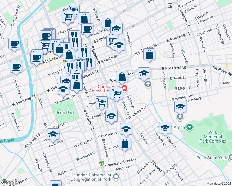 map of restaurants, bars, coffee shops, grocery stores, and more near 349 Susquehanna Avenue in York