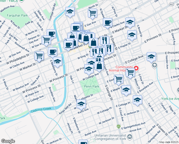 map of restaurants, bars, coffee shops, grocery stores, and more near 231 South Beaver Street in York