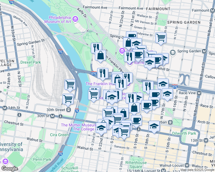 map of restaurants, bars, coffee shops, grocery stores, and more near 210-226 North 22nd Street in Philadelphia