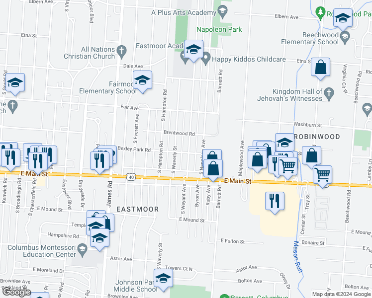 map of restaurants, bars, coffee shops, grocery stores, and more near 669 South Weyant Avenue in Columbus