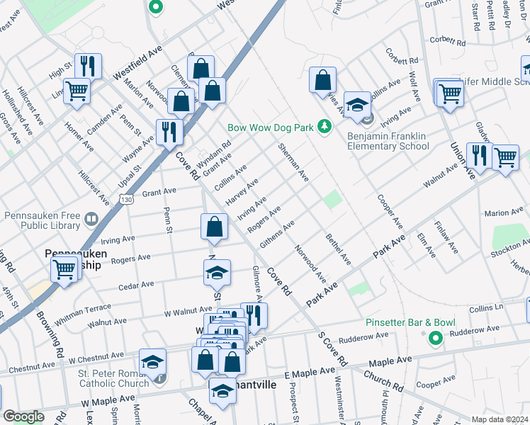 map of restaurants, bars, coffee shops, grocery stores, and more near 2923 Norwood Avenue in Pennsauken Township