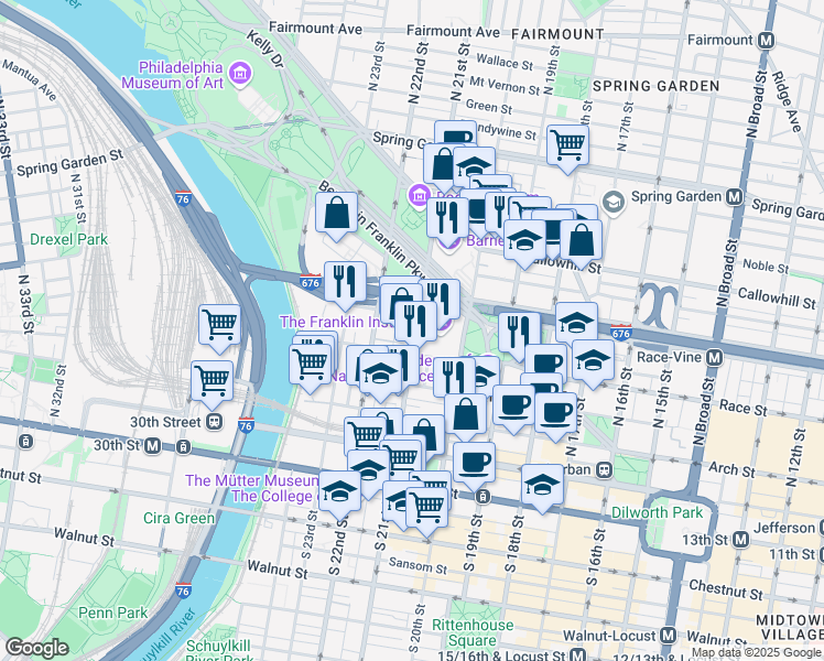 map of restaurants, bars, coffee shops, grocery stores, and more near 240 North 21st Street in Philadelphia