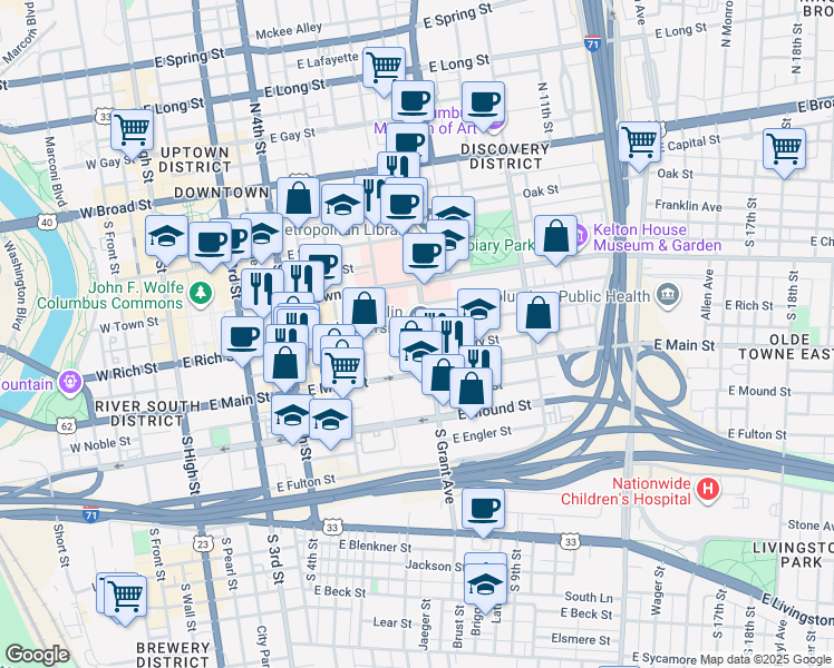 map of restaurants, bars, coffee shops, grocery stores, and more near 333 East Rich Street in Columbus