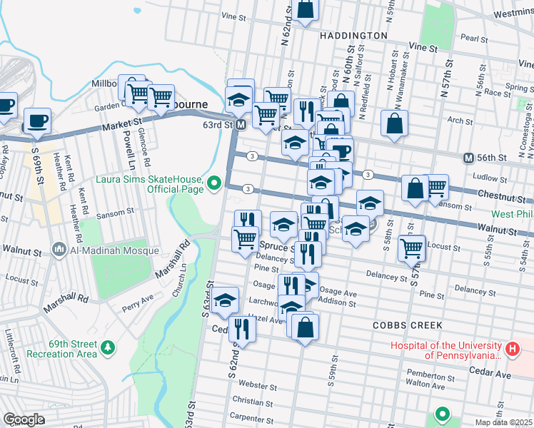 map of restaurants, bars, coffee shops, grocery stores, and more near 6132 Chancellor Street in Philadelphia