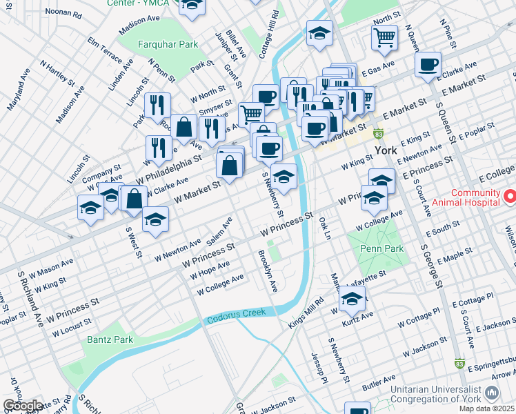 map of restaurants, bars, coffee shops, grocery stores, and more near 338 West King Street in York