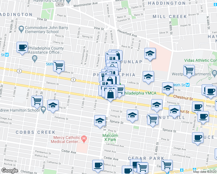map of restaurants, bars, coffee shops, grocery stores, and more near 5212 Chestnut Street in Philadelphia