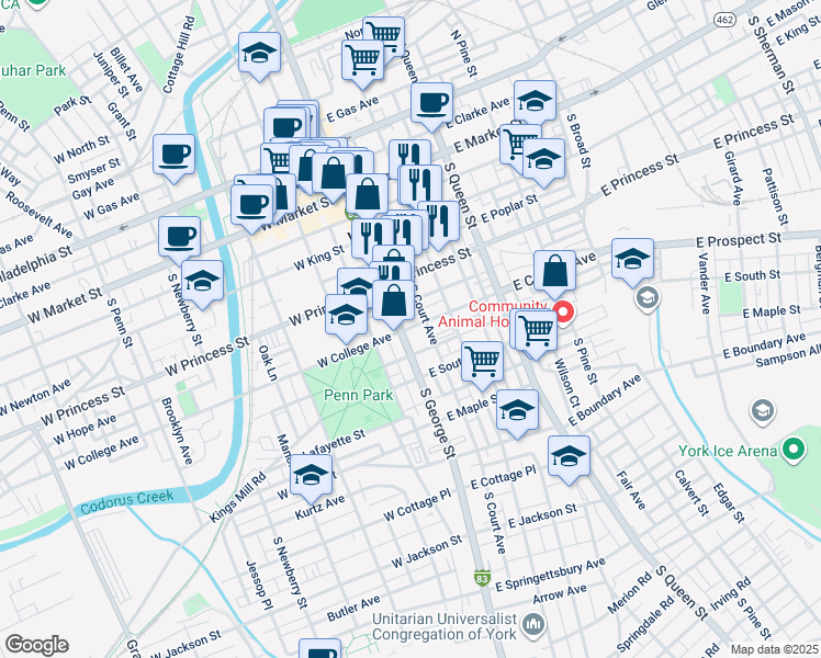 map of restaurants, bars, coffee shops, grocery stores, and more near 301 South George Street in York