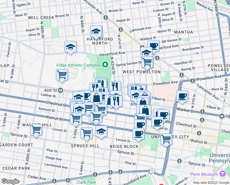 map of restaurants, bars, coffee shops, grocery stores, and more near 26 North 42nd Street in Philadelphia