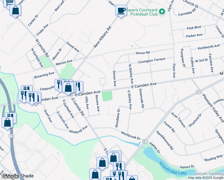map of restaurants, bars, coffee shops, grocery stores, and more near 531 East Camden Avenue in Moorestown