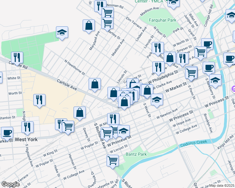 map of restaurants, bars, coffee shops, grocery stores, and more near 665 West Philadelphia Street in York
