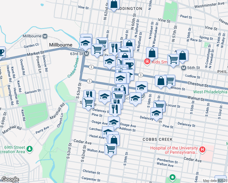 map of restaurants, bars, coffee shops, grocery stores, and more near 225 South Millick Street in Philadelphia