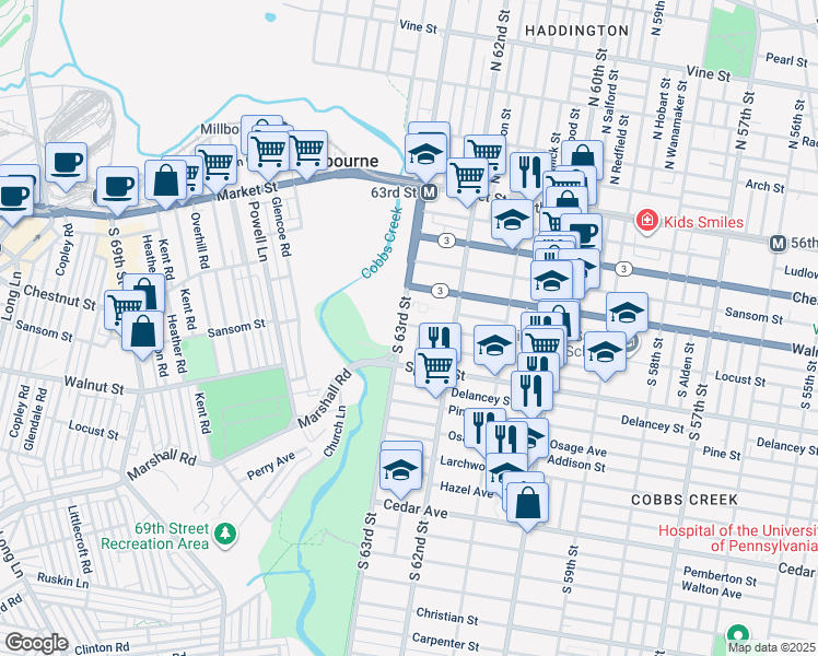 map of restaurants, bars, coffee shops, grocery stores, and more near 245 South 63rd Street in Philadelphia