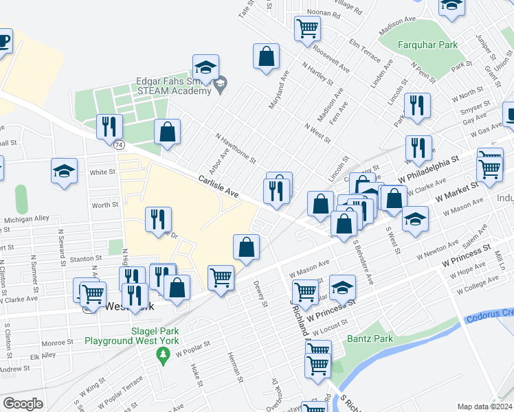 map of restaurants, bars, coffee shops, grocery stores, and more near 300 Carlisle Avenue in York