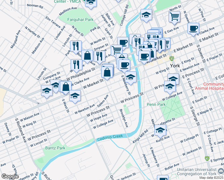 map of restaurants, bars, coffee shops, grocery stores, and more near 373 West King Street in York