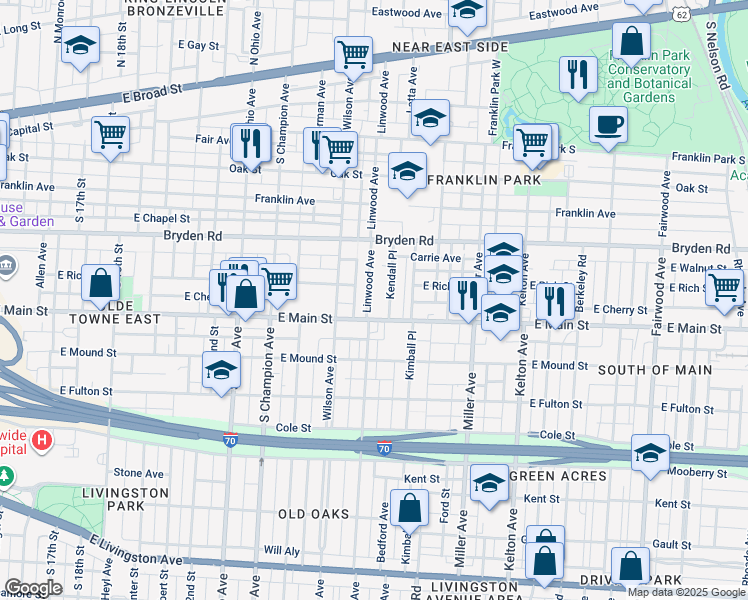 map of restaurants, bars, coffee shops, grocery stores, and more near 376 Linwood Avenue in Columbus
