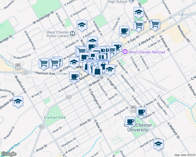 map of restaurants, bars, coffee shops, grocery stores, and more near 24 Wilmont Mews in West Chester