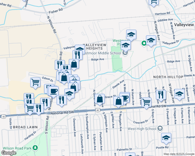 map of restaurants, bars, coffee shops, grocery stores, and more near 199 North Algonquin Avenue in Columbus