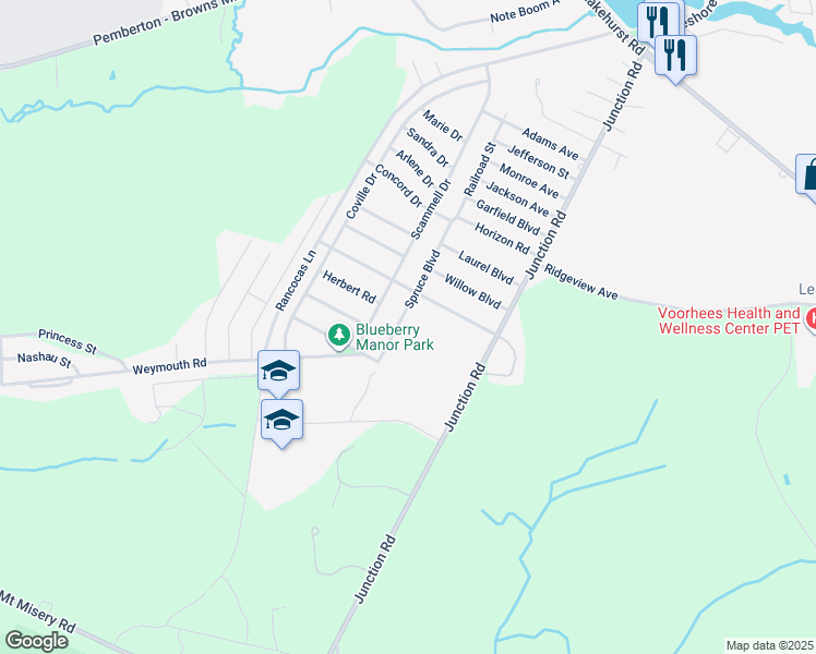 map of restaurants, bars, coffee shops, grocery stores, and more near 105 Spruce Boulevard in Pemberton Township